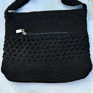 VTG EXC Worthington Black Crochet Shoulder Bag Crossbody Market Hippie Boho